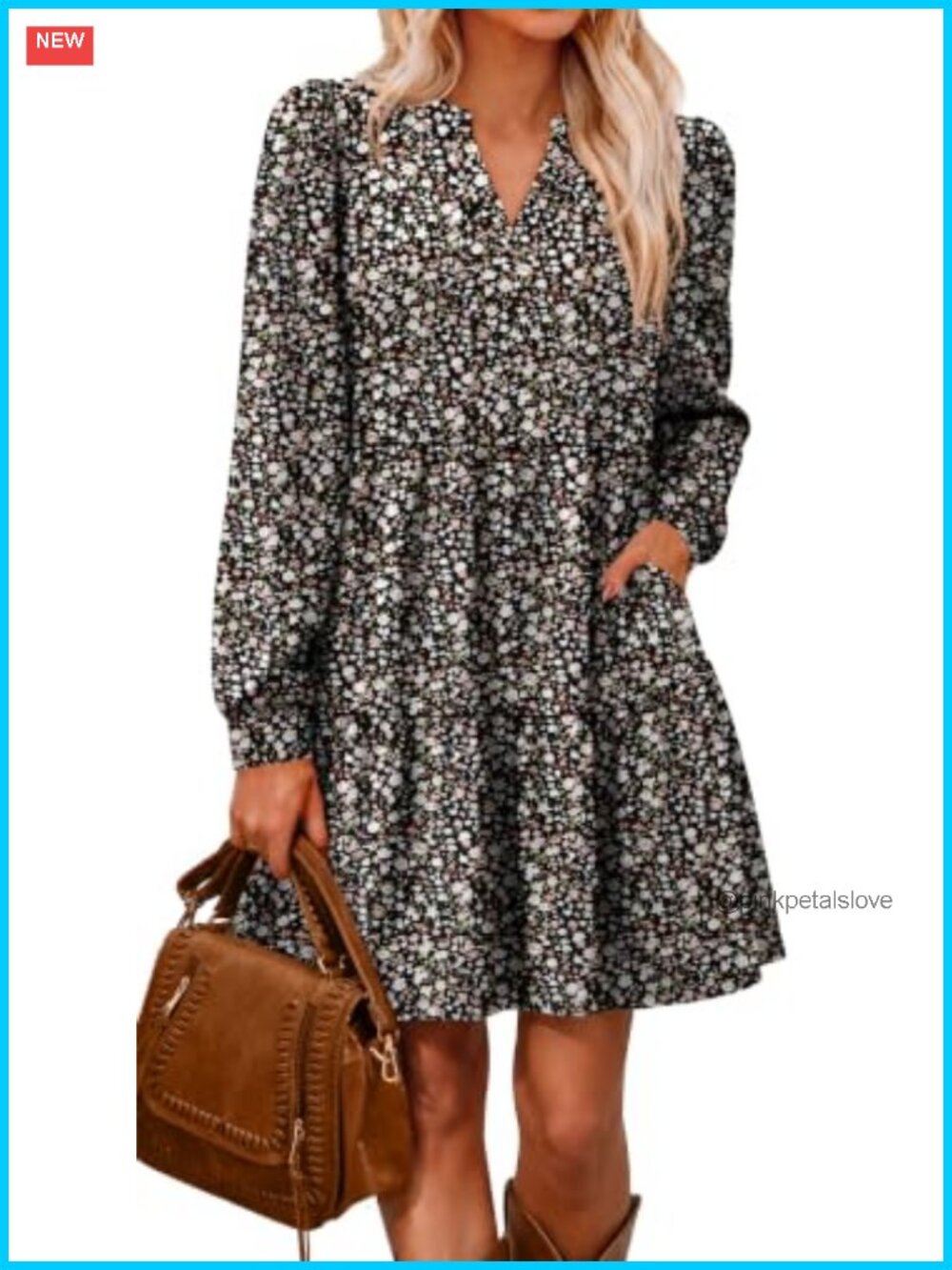 Women's V Neck Long Sleeve Tiered Dress with Pockets - Casual Fall